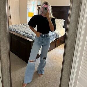 ZARA Hi Rise Full Length Ripped Wide Leg Light Blue Denim Jeans 8